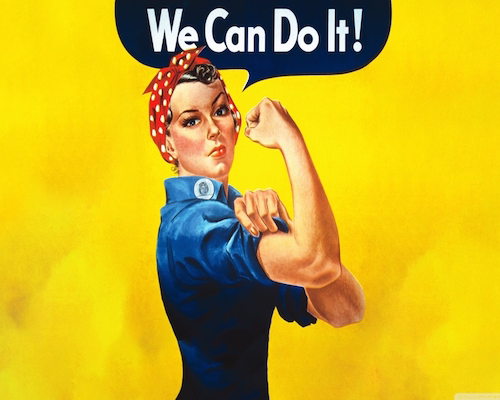 Rosie the Riveter flexiona el brazo con gesto decidido frente al cartel “We Can Do It!”, símbolo del trabajo femenino durante la Segunda Guerra Mundial.