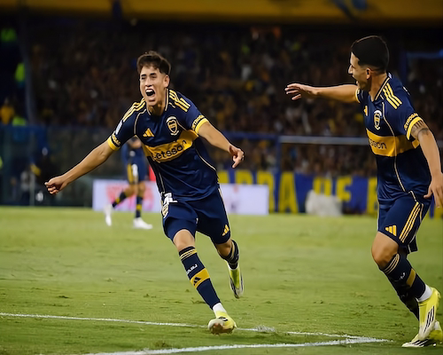 Tomás Aranda festeja su gol con los brazos abiertos en el partido entre Boca Juniors e Instituto