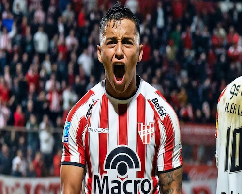 Nicolás Guerra grita su gol durante el partido entre Instituto y Defensa y Justicia