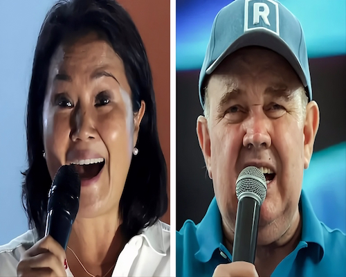 Keiko Fujimori y Rafael López Aliaga durante actos de campaña, ambos hablando frente a micrófonos en escenarios separados