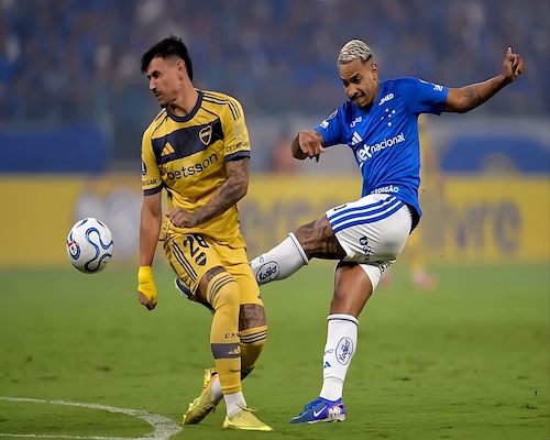 Jugador de Cruzeiro con camiseta azul patea el balón mientras un jugador de Boca Juniors con indumentaria amarilla intenta bloquear la jugada en un partido nocturno de la Copa Libertadores