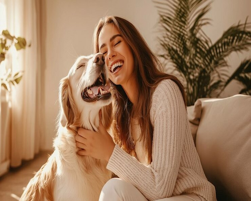 Mujer abraza a su perro en el sillón durante un momento de afecto en el hogar
