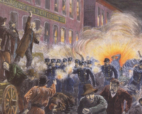 Ilustración de una protesta obrera reprimida por la policía con una explosión en el fondo
