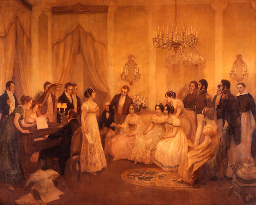 Pintura al óleo de una tertulia del siglo XIX donde una mujer canta junto a un piano en un salón iluminado por velas