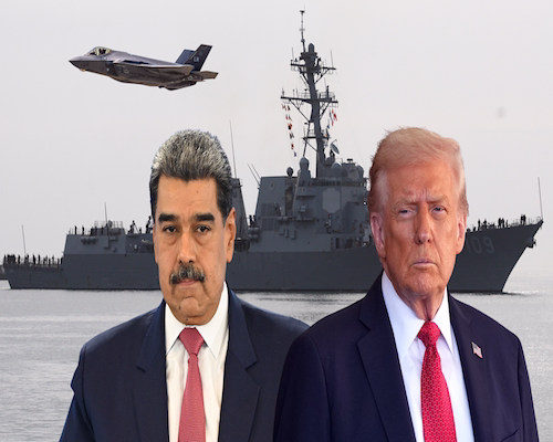 Imagen de Donald Trump y Nicolás Maduro (de fondo se observa un avión y un buque de guerra)