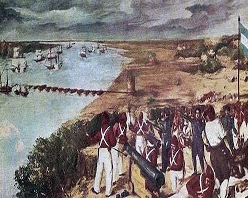 Ilustración del Combate de la Vuelta de Obligado, con barcos anglo-franceses avanzando por el río Paraná y las cadenas cruzadas de costa a costa que intentan bloquear su paso.