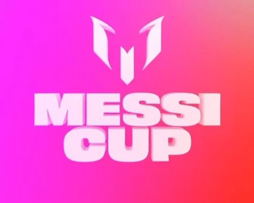 Logotipo oficial de la Messi Cup sobre fondo degradado en tonos rosa y naranja