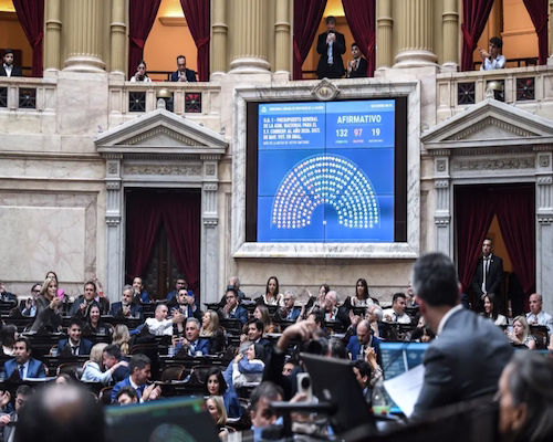 Pantalla electrónica del recinto de la Cámara de Diputados mostrando el resultado de la votación afirmativa del Presupuesto 2026, mientras los legisladores ocupan sus bancas.