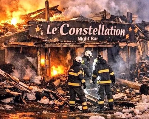 Bomberos trabajan entre los restos del bar Le Constellation tras un incendio de gran magnitud en los Alpes suizos.