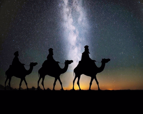 Ilustración de los Reyes Magos siguiendo la estrella de Belén