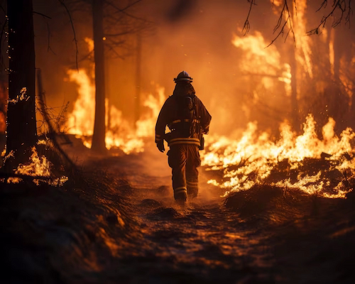 Silueta de un bombero caminando hacia un intenso incendio forestal con grandes llamaradas naranjas de fondo