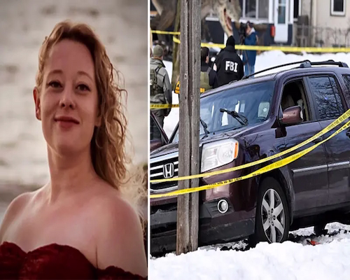 Retrato de Renee Nicole Good y escena del tiroteo en Minneapolis, con una camioneta rodeada por cinta policial tras una redada migratoria.