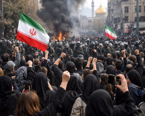 Protesta multitudinaria en una avenida de Teherán con manifestantes y fuerzas de seguridad