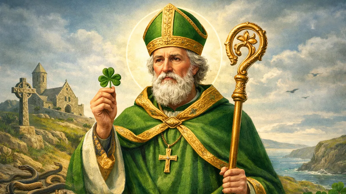 Ilustración de San Patricio sosteniendo un trébol, símbolo de la festividad irlandesa