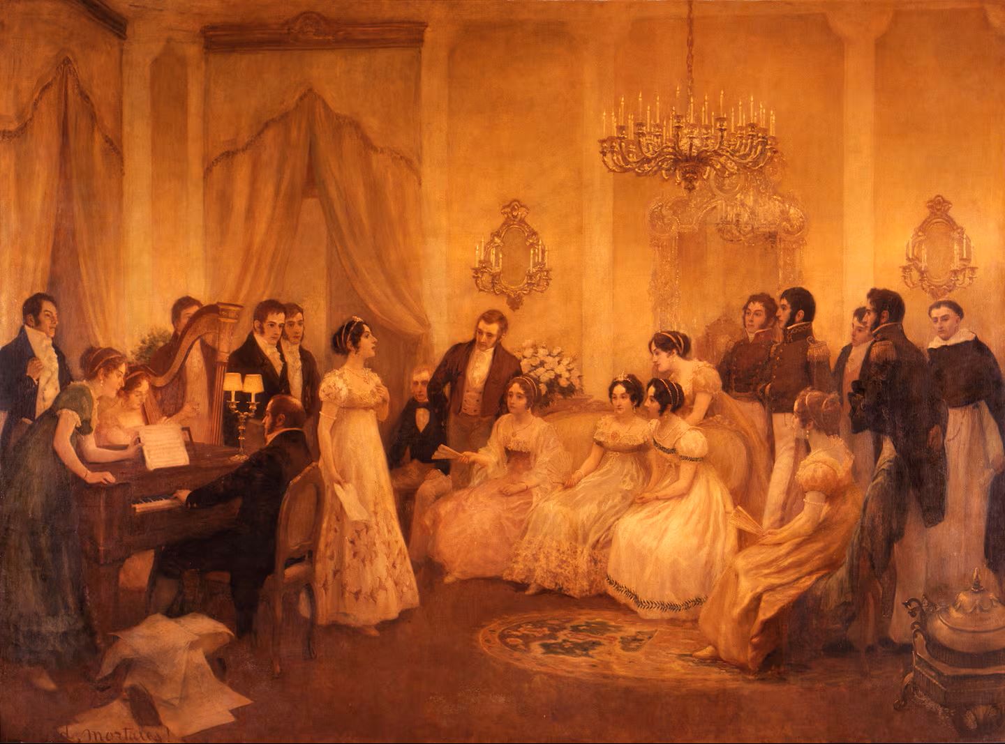 Pintura al óleo de una tertulia del siglo XIX donde una mujer canta junto a un piano en un salón iluminado por velas