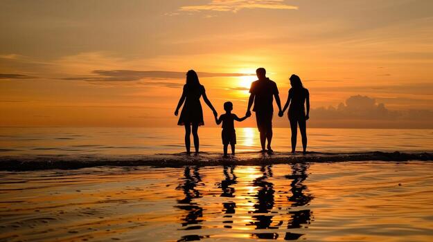 Una familia caminando tomada de la mano sobre la playa durante el atardecer