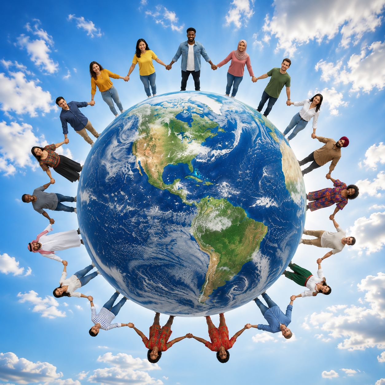 Personas de diferentes etnias y culturas tomadas de la mano alrededor del planeta Tierra como símbolo de unidad y diversidad cultural