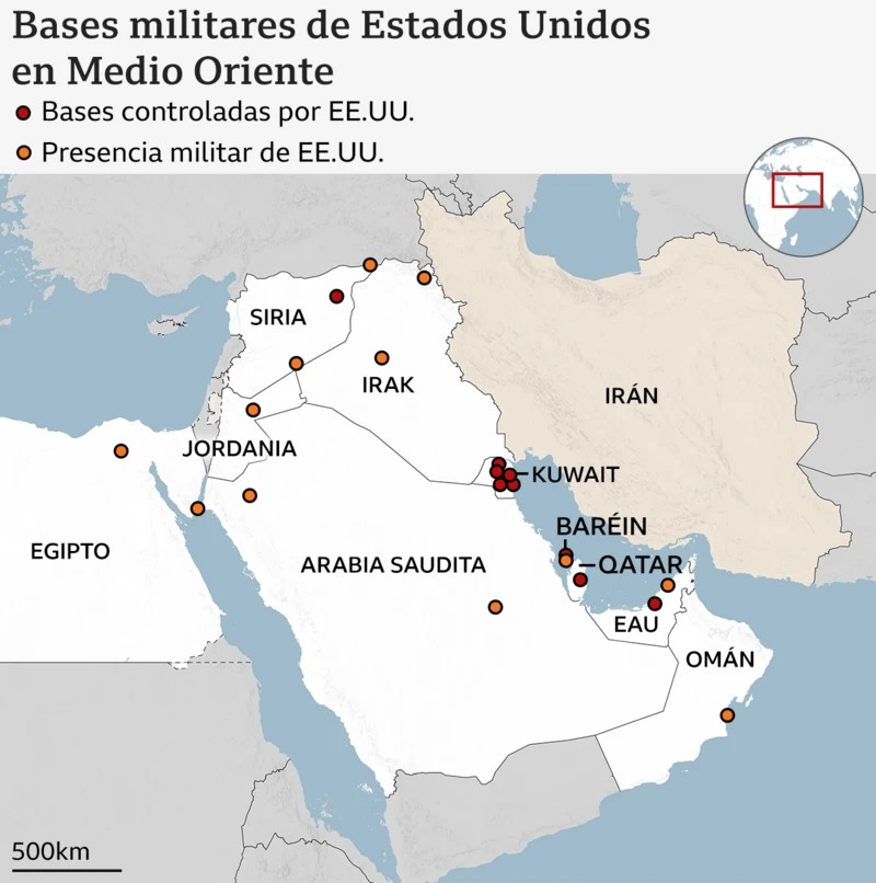 Mapa de las bases militares de Estados Unidos en Medio Oriente