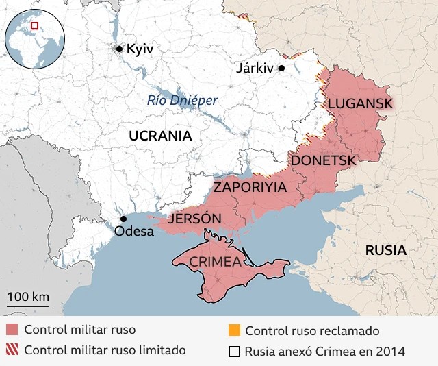 Mapa mostrando las zonas bajo control militar ruso en Ucrania