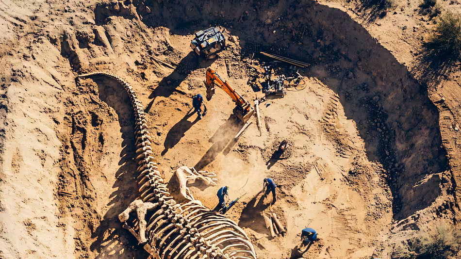 Restos fósiles de un dinosaurio hallados en una excavación paleontológica
