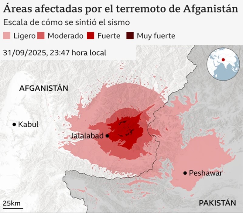 Mapa que muestra la ubicación del terremoto y las zonas afectadas