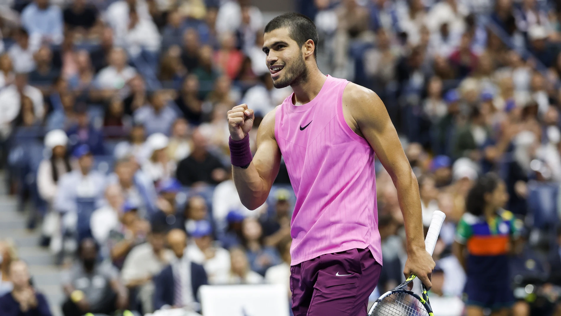 Carlos Alcaraz celebra un punto durante la final del US Open frente a Jannik Sinner