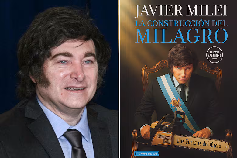 Retrato de Javier Milei junto a la portada de su libro La construcción del milagro.