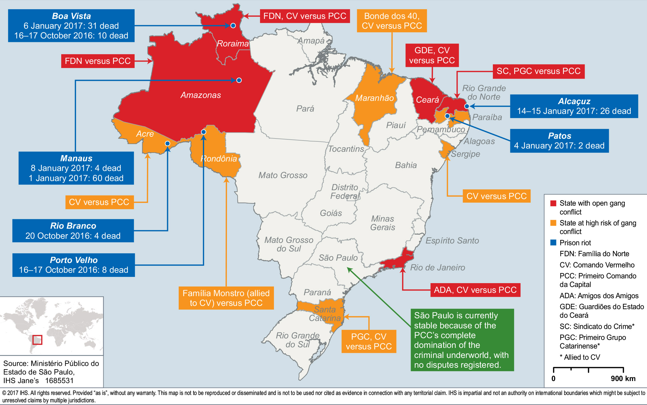 Mapa de Brasil con la expansión territorial del Comando Vermelho en los últimos años.