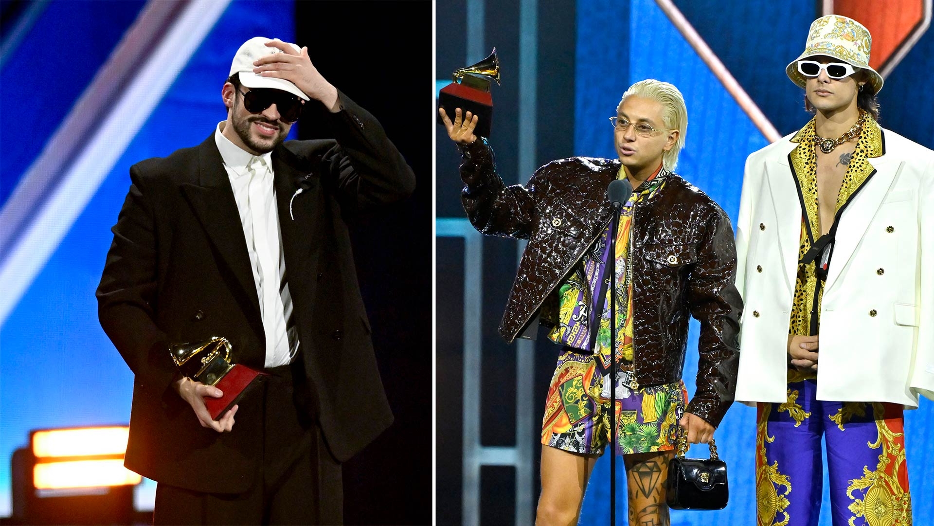 Bad Bunny y Ca7riel & Paco Amoroso sobre el escenario con sus premios de los Latin Grammy 2025.