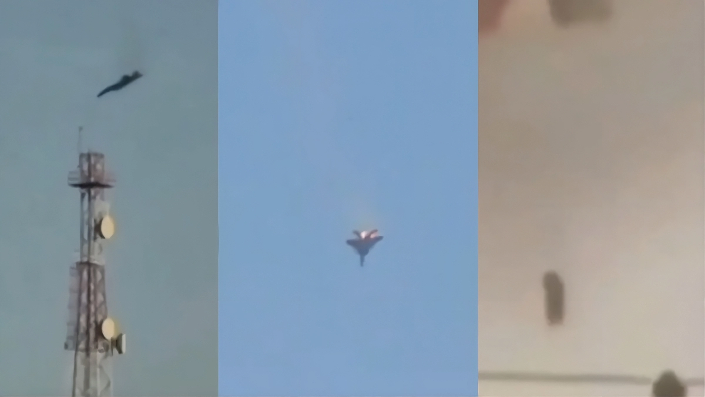 Composición de tres imágenes que muestran un avión de combate impactado, la aeronave en llamas y el piloto eyectándose